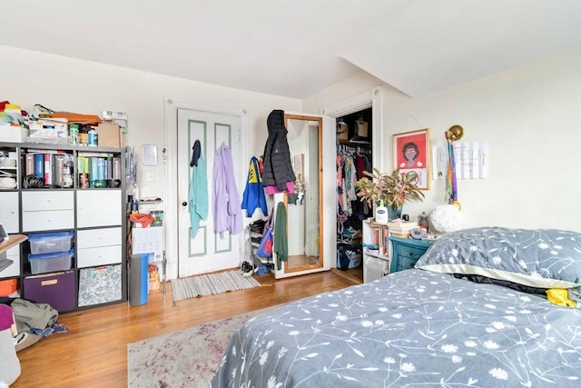 bedroom featuring wood finished floors and a closet