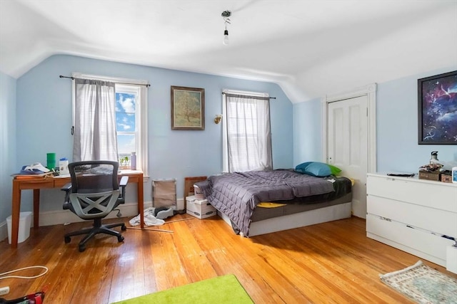 bedroom with a closet, light wood finished floors, vaulted ceiling, and multiple windows