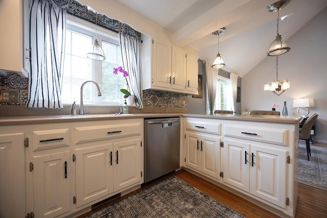 38 Nature View Dr Unit 38, Uxbridge, MA 01569 - kitchen with dishwasher, a peninsula, dark wood-style floors, white cabinets, and vaulted ceiling