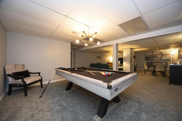 38 Nature View Dr Unit 38, Uxbridge, MA 01569 - recreation room featuring a paneled ceiling, billiards table, carpet flooring, and a chandelier