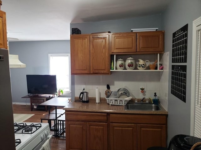 kitchen featuring sink, dark hardwood / wood-style flooring, ventilation hood, backsplash, and white range oven