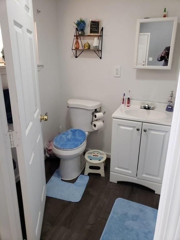 bathroom with vanity, toilet, and wood-type flooring