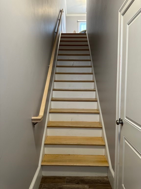 stairs featuring hardwood / wood-style floors