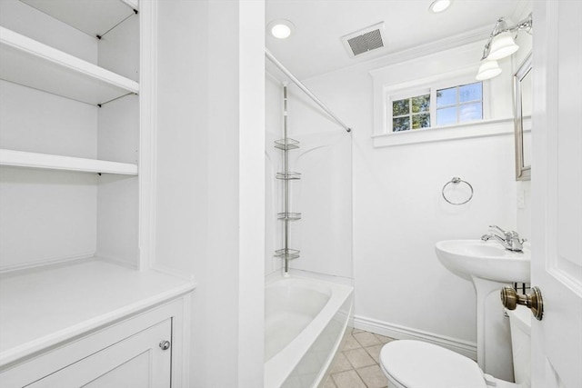 50 Mckinley St Unit 50, Maynard, MA 01754 - bathroom featuring baseboards, shower / washtub combination, toilet, tile patterned floors, and recessed lighting