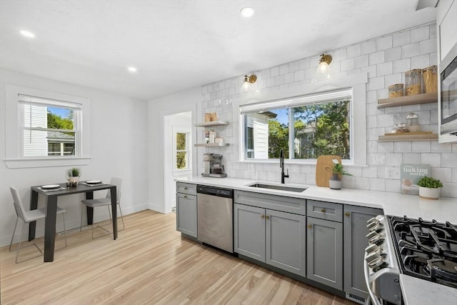 50 Mckinley St Unit 50, Maynard, MA 01754 - kitchen featuring open shelves, a sink, gray cabinets, dishwasher, and decorative backsplash