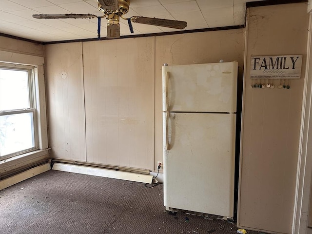 10 Conway Dr, Leicester, MA 01524 - kitchen with freestanding refrigerator, ceiling fan, and carpet flooring
