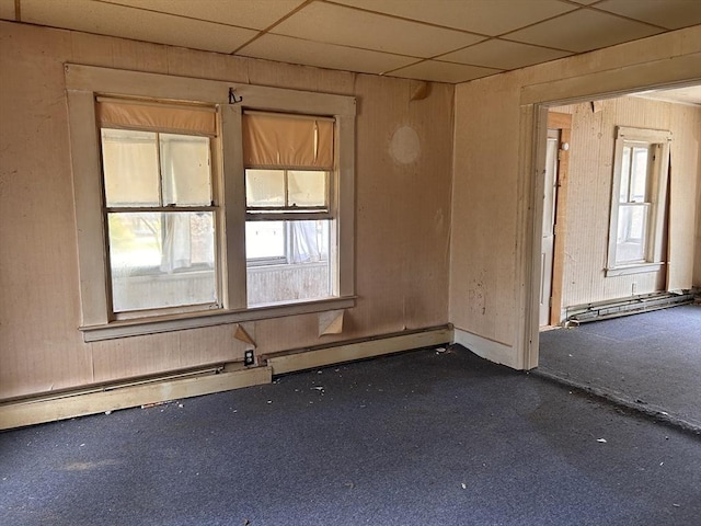 10 Conway Dr, Leicester, MA 01524 - unfurnished room featuring dark carpet, a drop ceiling, and wood walls