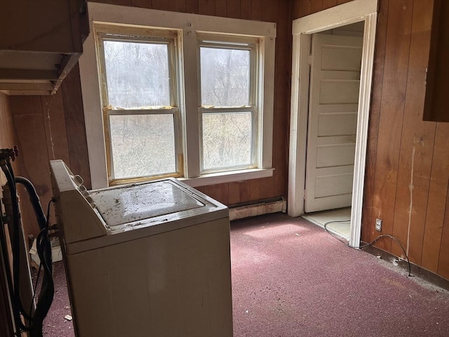 10 Conway Dr, Leicester, MA 01524 - laundry area with wooden walls, carpet flooring, a baseboard heating unit, and washer / clothes dryer