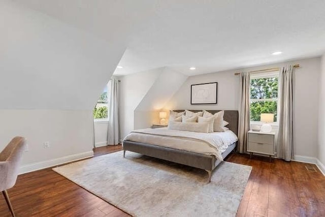 151 Whitehall Rd, Amesbury, MA 01913 - bedroom featuring dark wood-style floors, multiple windows, recessed lighting, and lofted ceiling