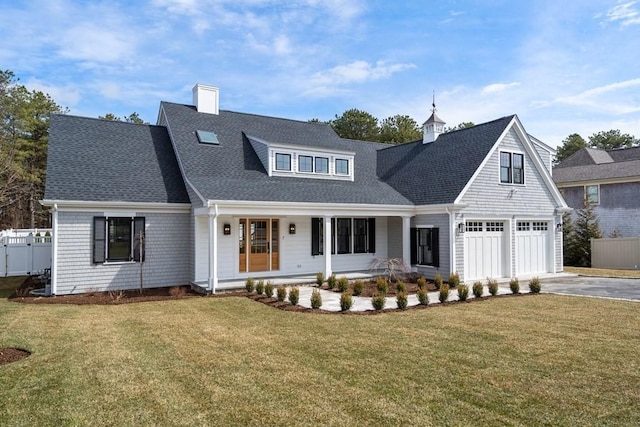 10 Dawson Way, Falmouth, MA 02536 - view of front of house featuring driveway, covered porch, a chimney, a shingled roof, and a garage