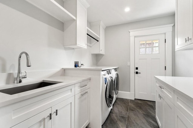 10 Dawson Way, Falmouth, MA 02536 - laundry room featuring washer and dryer, cabinet space, baseboards, recessed lighting, and dark tile patterned flooring