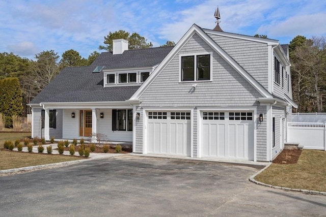 10 Dawson Way, Falmouth, MA 02536 - shingle-style home with asphalt driveway, a porch, a garage, and a chimney