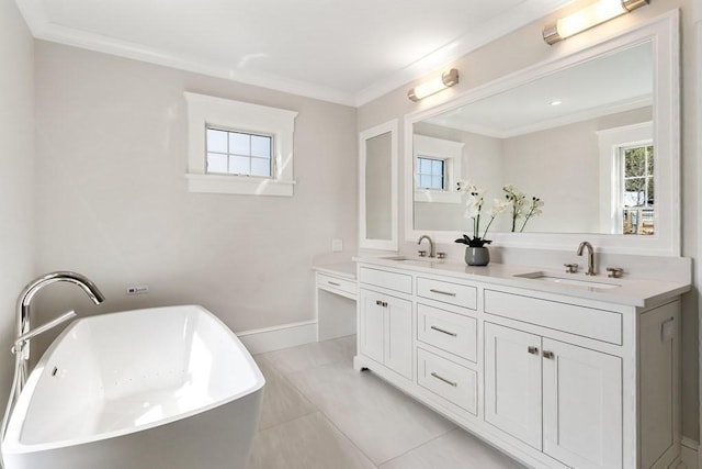 10 Dawson Way, Falmouth, MA 02536 - full bathroom with double vanity, a soaking tub, plenty of natural light, crown molding, and tile patterned floors