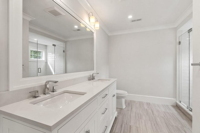10 Dawson Way, Falmouth, MA 02536 - full bath featuring crown molding, double vanity, a stall shower, toilet, and baseboards