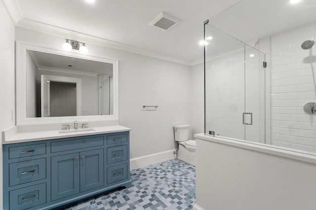 10 Dawson Way, Falmouth, MA 02536 - full bath featuring a stall shower, ornamental molding, baseboards, vanity, and toilet