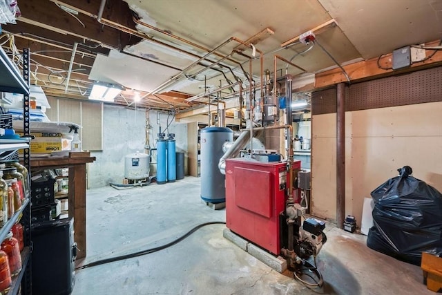 unfinished basement featuring a heating unit and gas water heater