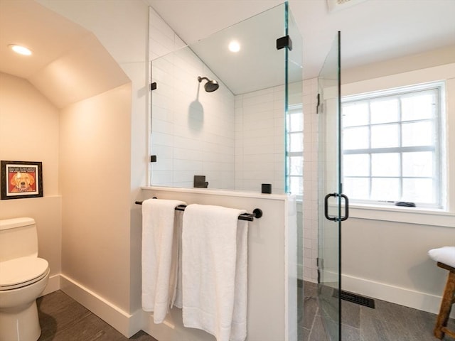 205 Powder Point Ave, Duxbury, MA 02332 - bathroom featuring visible vents, a shower stall, baseboards, toilet, and recessed lighting