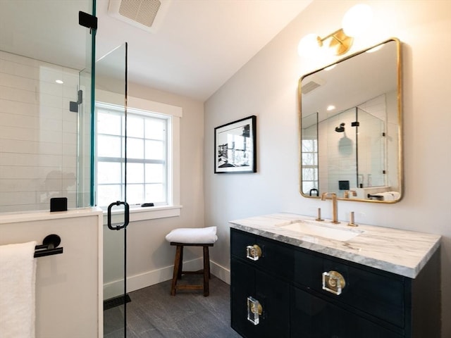 205 Powder Point Ave, Duxbury, MA 02332 - full bath featuring a stall shower, baseboards, visible vents, and vanity
