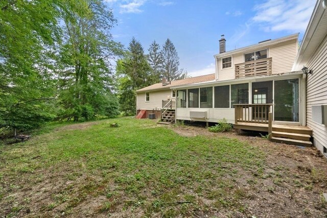 52 Richard Rd, Hanson, MA 02341 - rear view of property with a sunroom, a chimney, a lawn, and a balcony