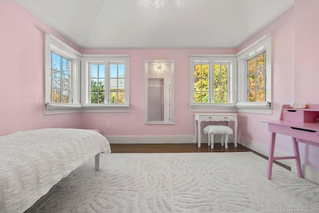 bedroom with lofted ceiling, multiple windows, wood finished floors, and baseboards