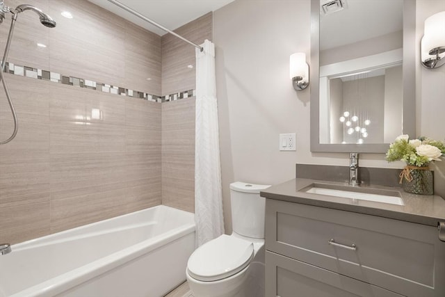 full bathroom with vanity, toilet, shower / bathtub combination with curtain, and visible vents