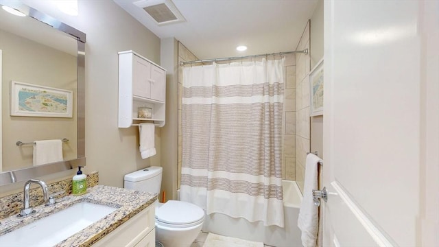 full bath with visible vents, vanity, toilet, recessed lighting, and shower / bath combo