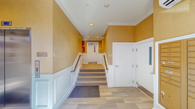 interior space with crown molding, a wall mounted air conditioner, elevator, and recessed lighting