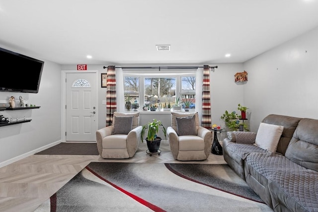 living room with parquet floors