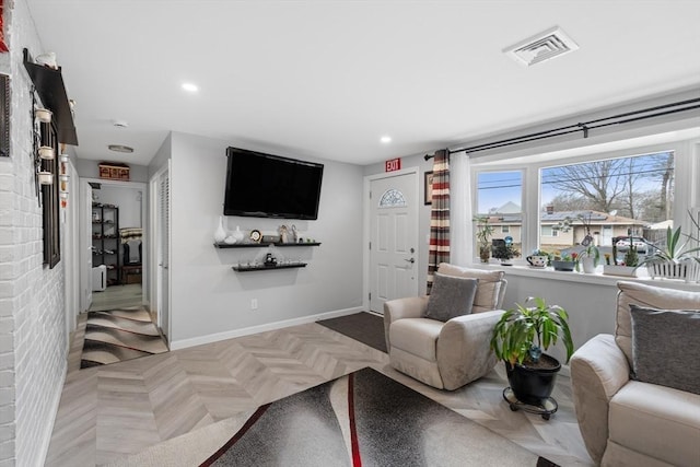 living room featuring light parquet flooring