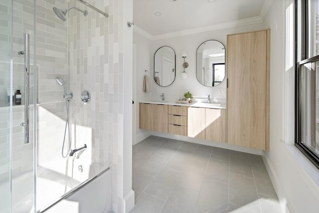 133 Fayerweather St Unit 1, Cambridge, MA 02138 - full bath with crown molding, double vanity, and shower / bath combination with glass door