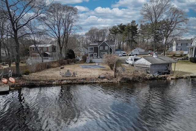 property view of water featuring a residential view and fence