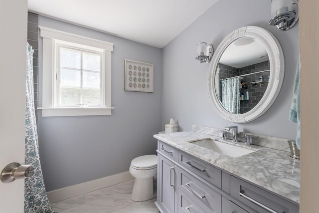 155 Great Marsh Rd, Barnstable, MA 02632 - full bath featuring marble look tile flooring, vanity, baseboards, toilet, and a shower with shower curtain