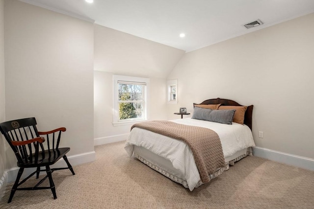 bedroom featuring baseboards, visible vents, lofted ceiling, carpet floors, and recessed lighting