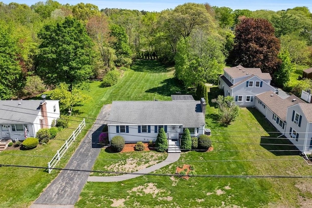 view of subject property with a forest