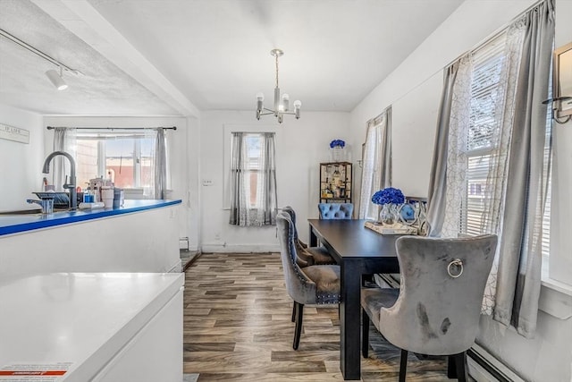 dining space featuring a baseboard radiator, baseboards, a notable chandelier, and wood finished floors