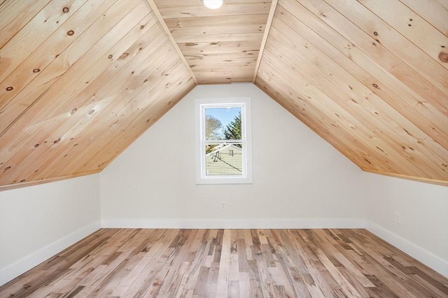 additional living space with hardwood / wood-style floors, wooden ceiling, and lofted ceiling