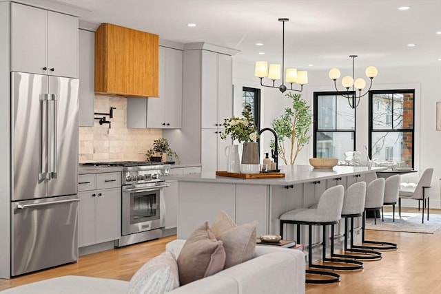 kitchen featuring premium appliances, white cabinetry, light countertops, a center island with sink, and pendant lighting