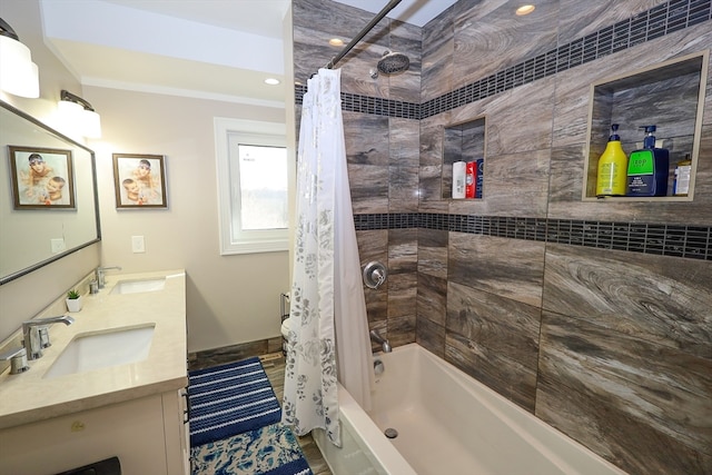 bathroom with shower / bath combo and vanity