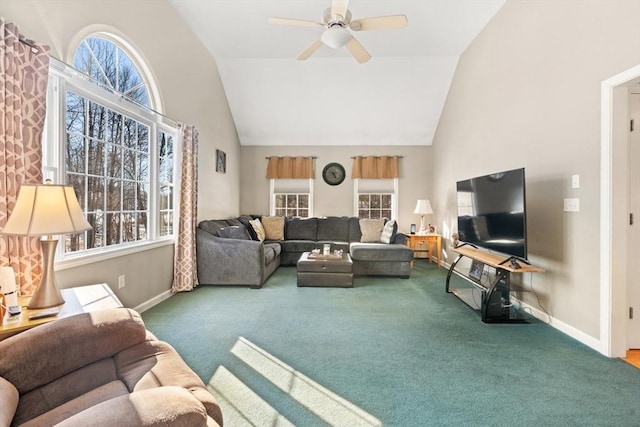 living room featuring high vaulted ceiling, ceiling fan, and carpet