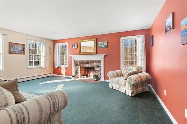 carpeted living room with a baseboard heating unit and a fireplace