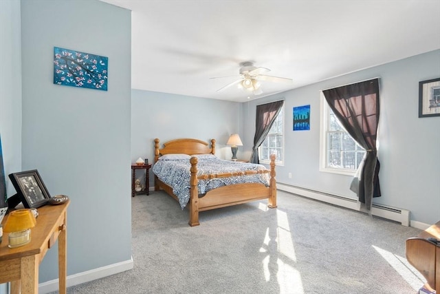 carpeted bedroom featuring ceiling fan and a baseboard radiator