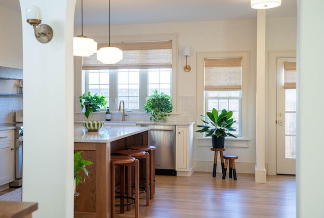 kitchen featuring a breakfast bar area, light countertops, plenty of natural light, and stainless steel dishwasher