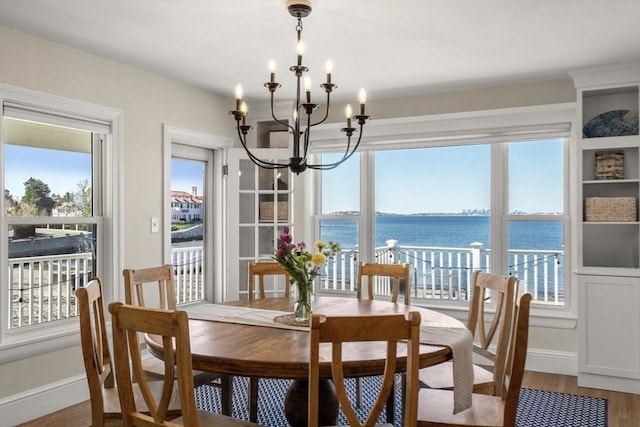 dining space featuring a chandelier, baseboards, wood finished floors, and a water view