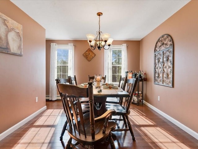 dining area with plenty of natural light, baseboards, an inviting chandelier, and wood-type flooring