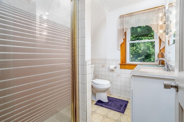 150 Appleton Cir, Fitchburg, MA 01420 - bathroom with vanity, toilet, a stall shower, and tile walls