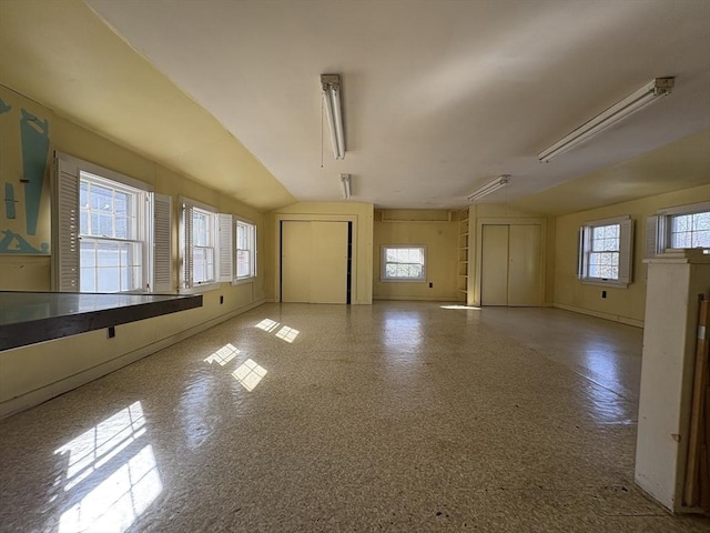 empty room featuring a wealth of natural light and lofted ceiling