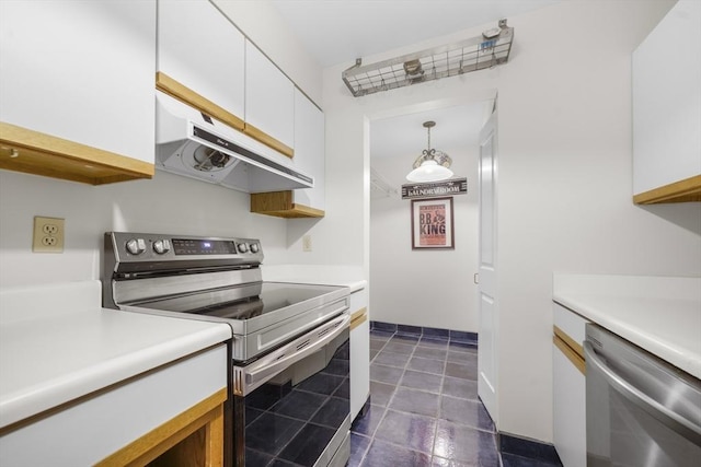 235 State St Unit 317, Springfield, MA 01103 - kitchen featuring appliances with stainless steel finishes, under cabinet range hood, white cabinets, light countertops, and decorative light fixtures
