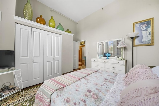 235 State St Unit 317, Springfield, MA 01103 - bedroom with high vaulted ceiling, a closet, and wood finished floors