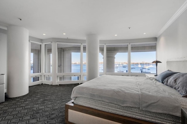 20 Rowes Wharf Unit Th7, Boston, MA 02110 - bedroom featuring a water view, ornamental molding, dark carpet, and recessed lighting