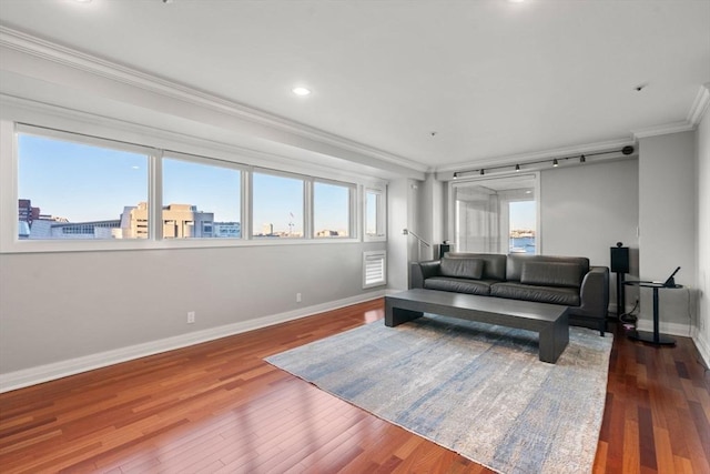 living room with wood-type flooring and ornamental molding